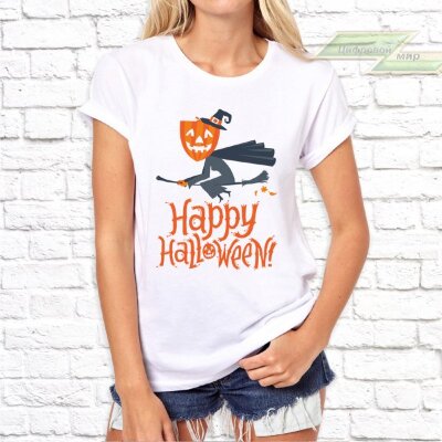 Женская футболка с фото «Happy Halloween(ведьма с головой тыквы)»      